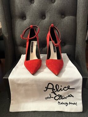Alice + Olivia Red Suede Pointed Toe Ankle-Strap Heels